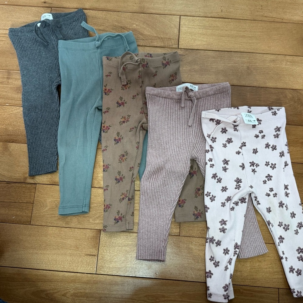 Zara Kids Ribbed and Floral Leggings Set - Gray, Teal, Brown, Pink, Cream